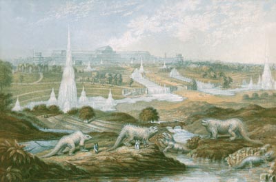 dinosaurs in park landscape