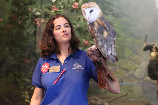 Woman in blue shirt holds an owl at Academy of Natural Sciences' Members Night. Become a member at a discounted rate on Cyber Monday.