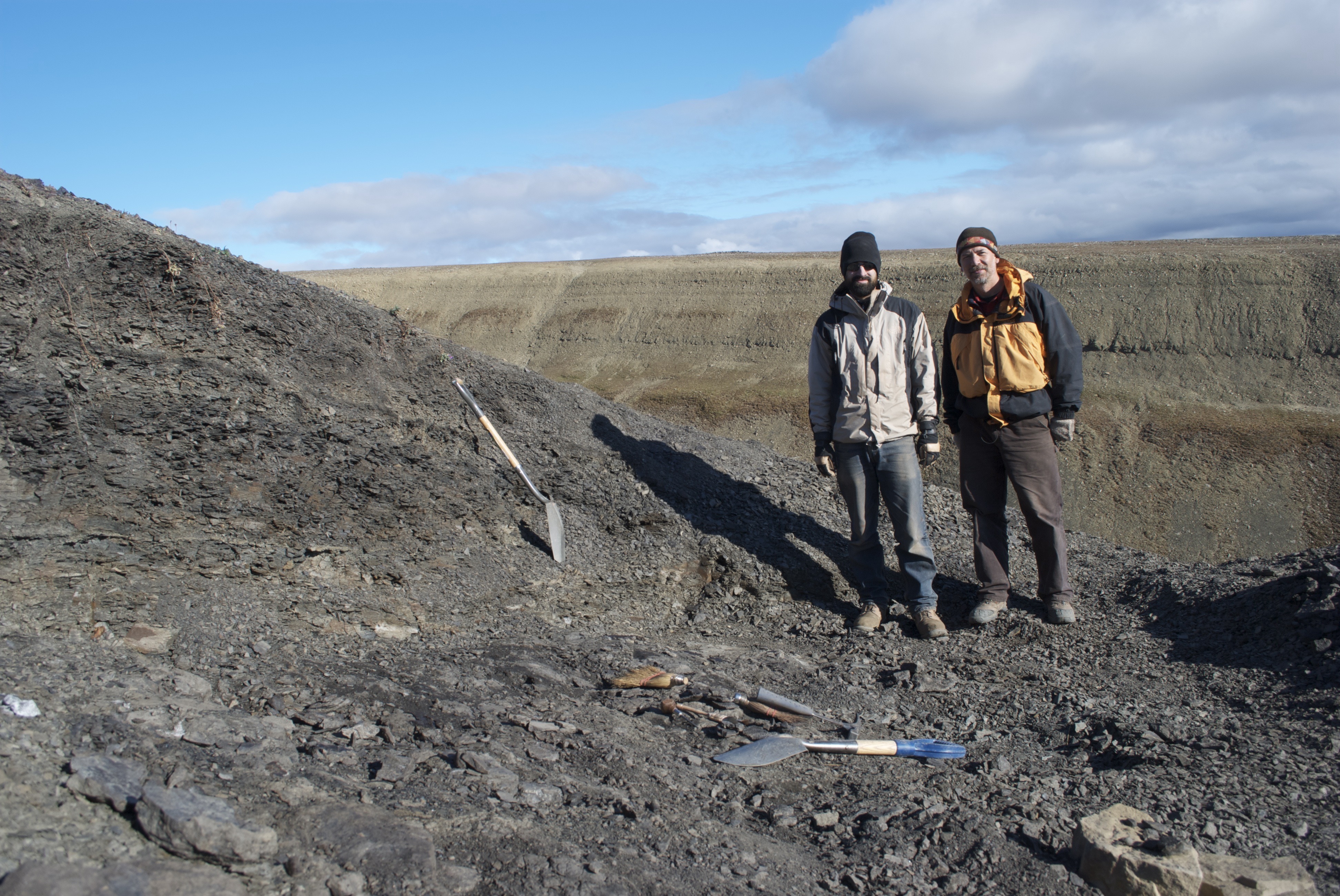 Academy scientists Jason Downs, PhD, and Ted Daeschler, PhD, at the Arctic site where they discovered B. rex.