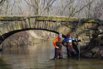 Female scientists stand knee deep in water in a stream by a bridge