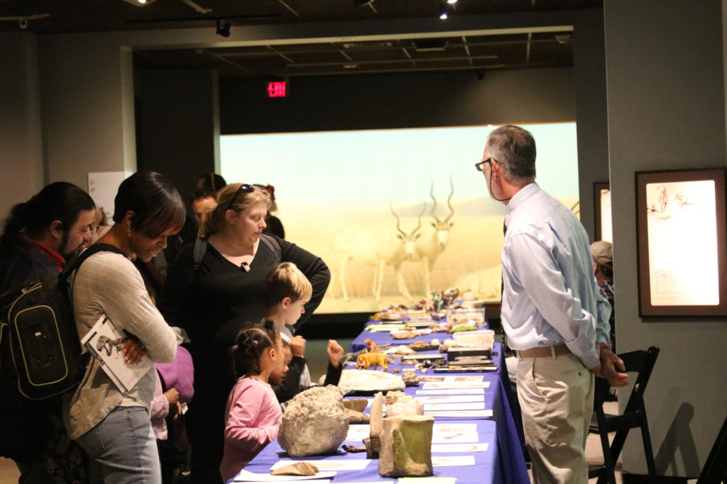 multiple families stand in front of long table filled with touchable fossils