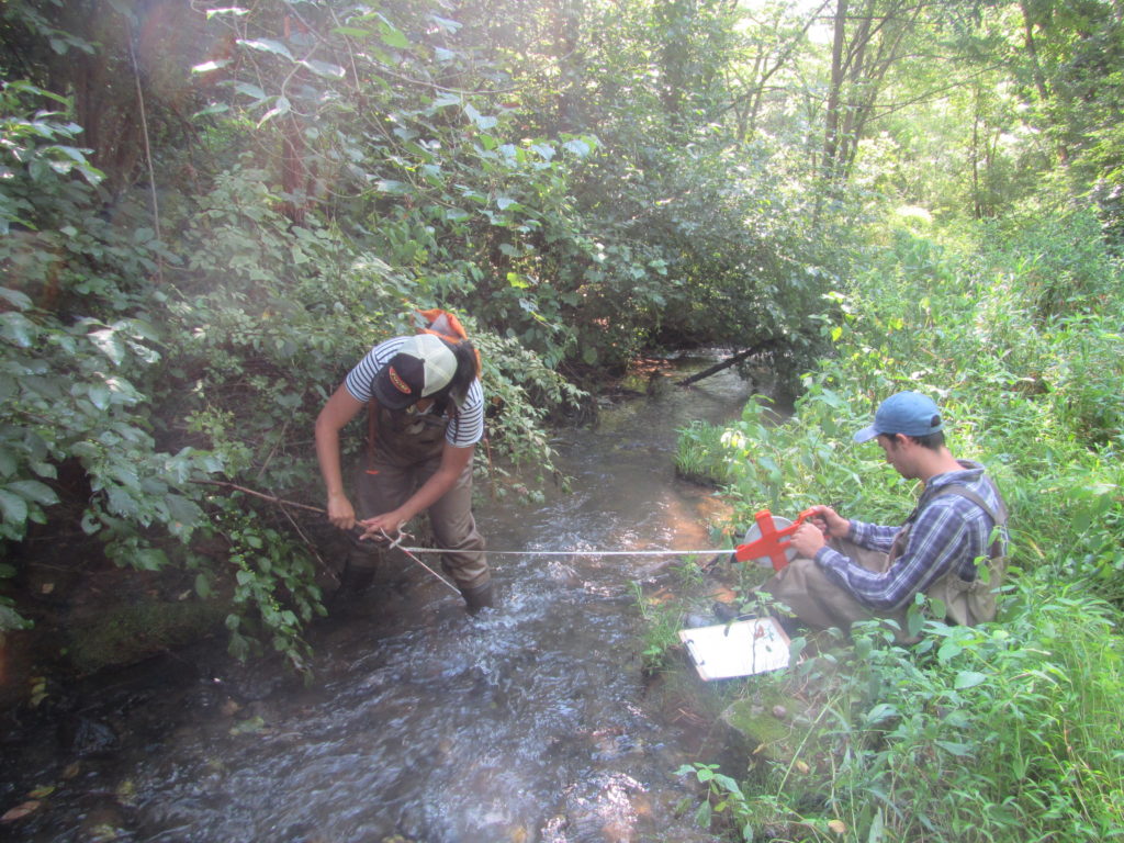 Two scientists measuring stream
