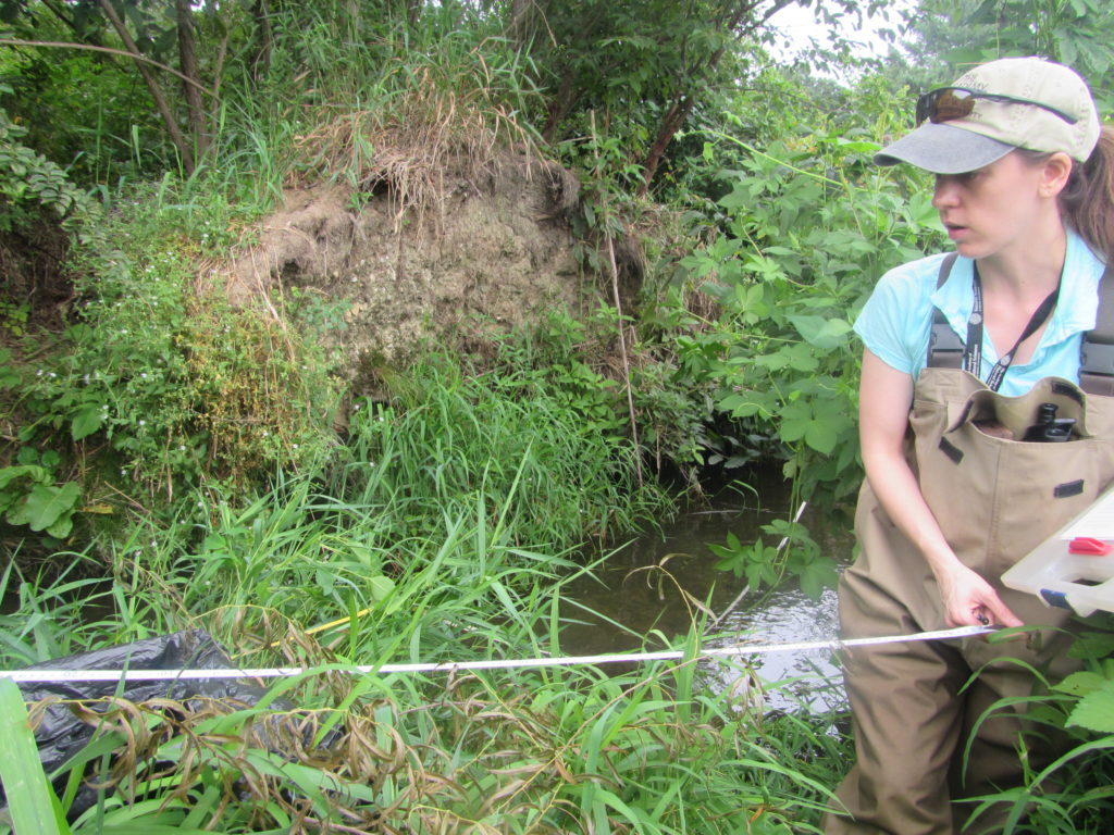 Female scientist measuring stream