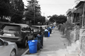 Blue recycle bins on Germantown PA street