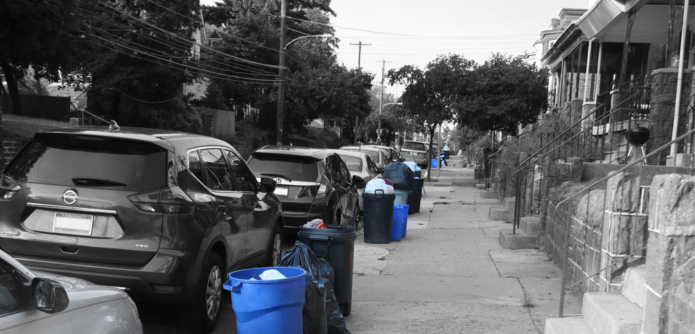 Blue recycle bins on Germantown PA street