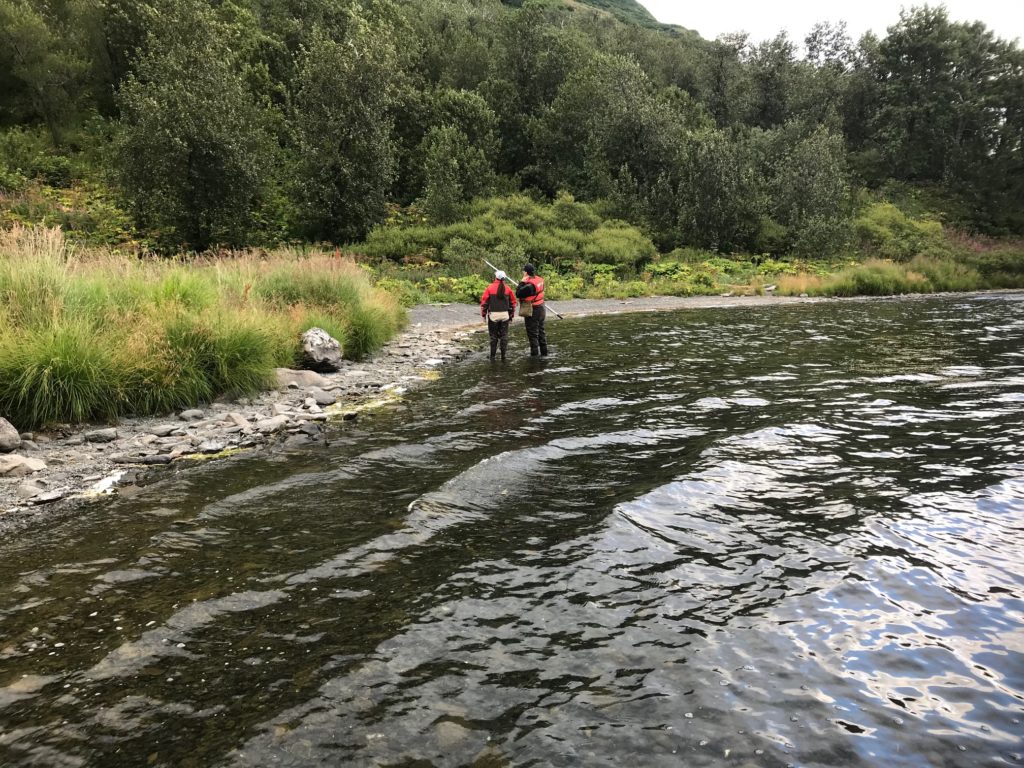 Female scientists wade at Lake's edge