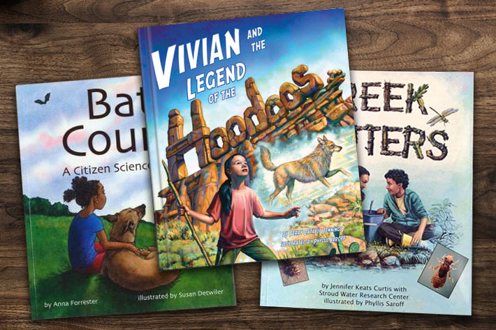 Image of three children's books with the titles Bat Count, Vivian and the legend of the Hoodoos, and Creek Critters
