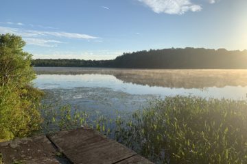 sunset blue skies over lake and trees